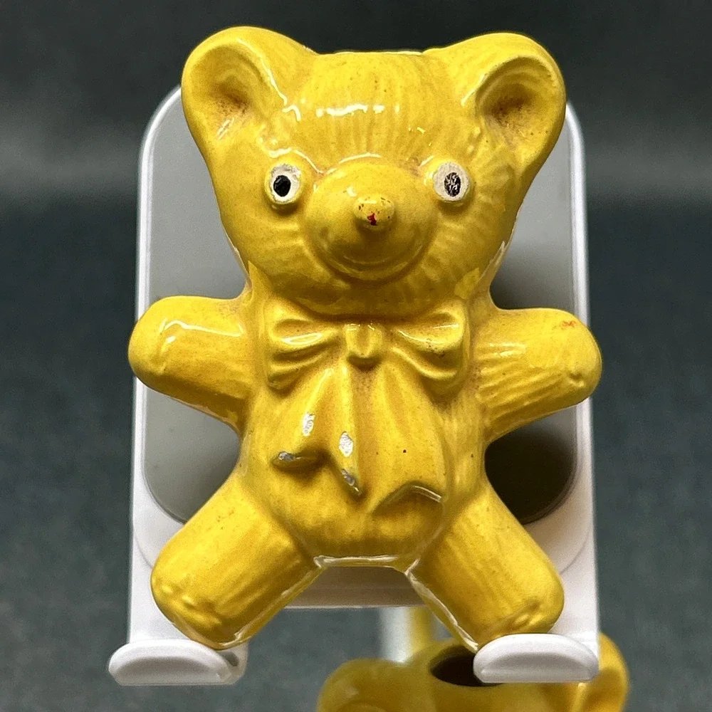 Vintage 2pc Yellow Ceramic Teddy Bear Macrame Beads 2 3/4in Crafting Supplies
